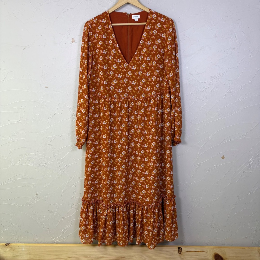 J Crew Floral Midi Dress Women L Orange V Neck Long Sleeve Tiered Ruffle Cottage